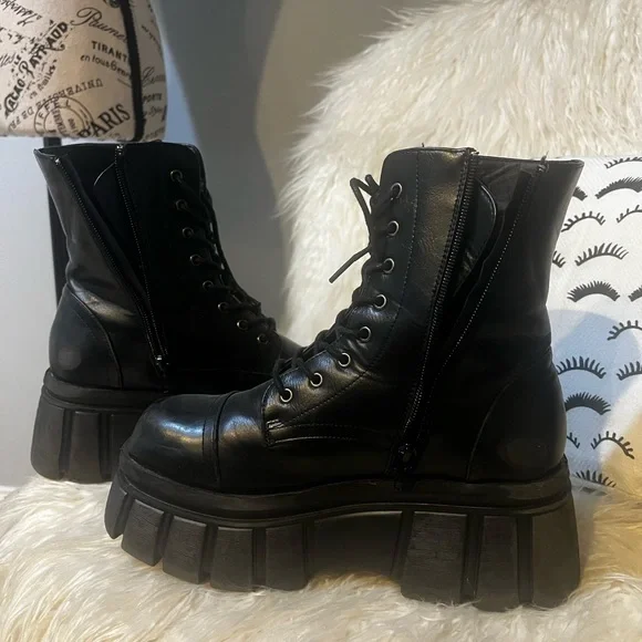Dolls Kill Black Chunky Combat Boots - Picture 2 of 4